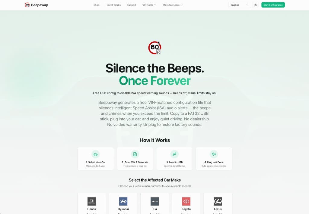 Beepaway homepage showing Silence the Beeps headline and four-step overview