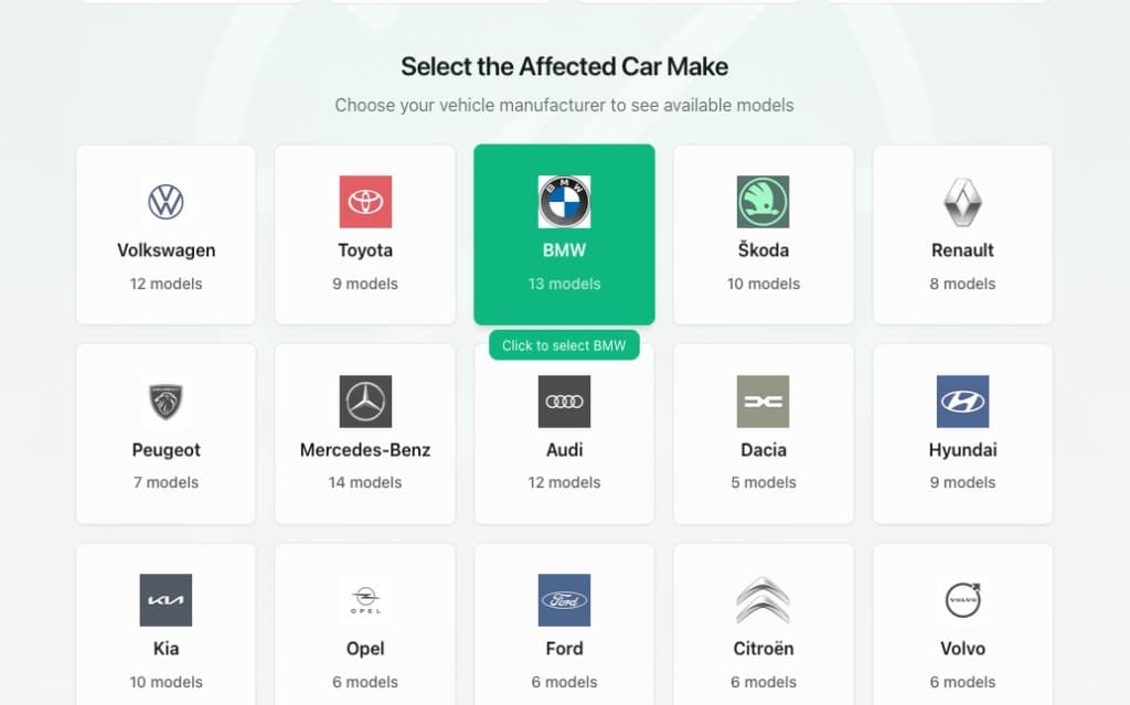 Beepaway manufacturer selection grid with car brands