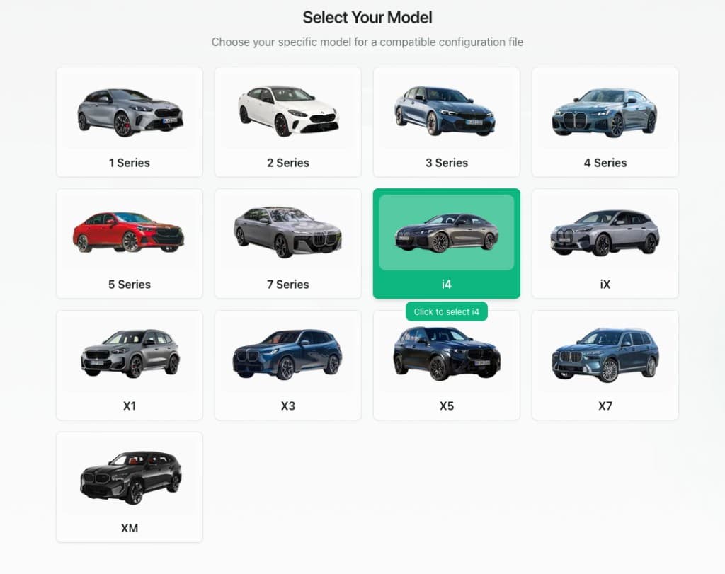 Beepaway model selection grid showing vehicle model cards