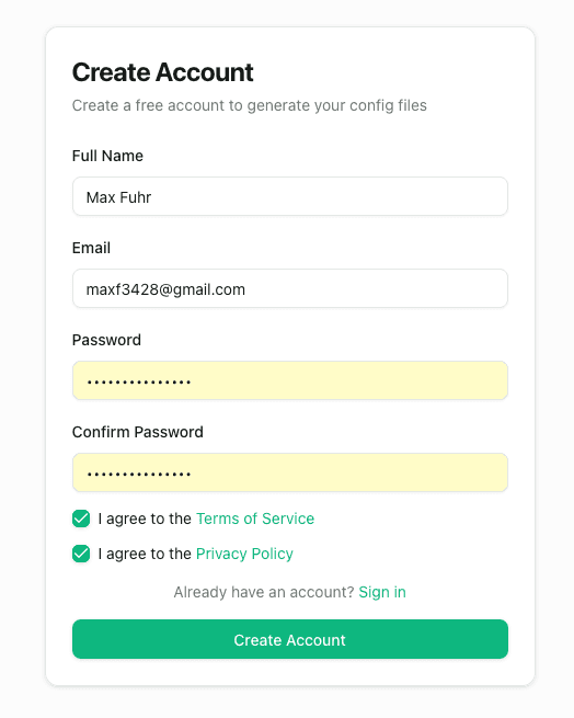 Beepaway create account form with name email and password fields