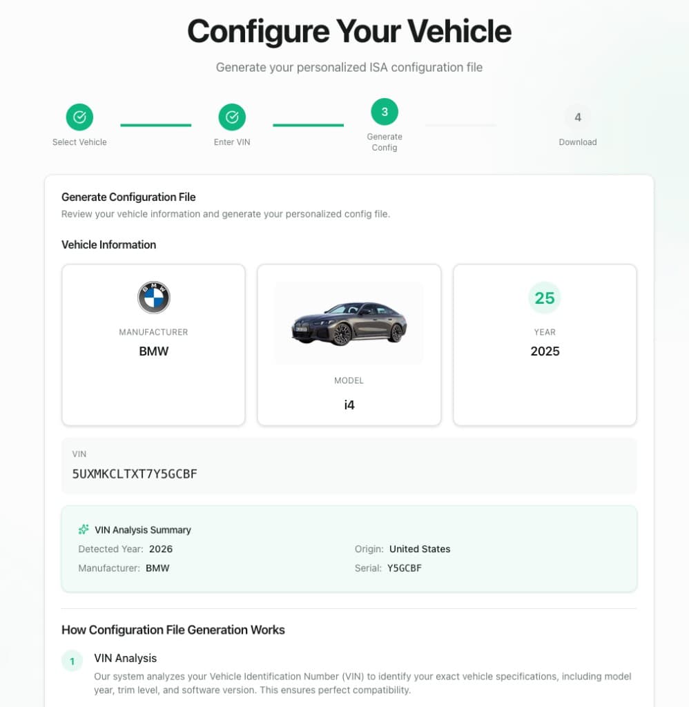 Beepaway vehicle review screen with manufacturer model year and VIN analysis