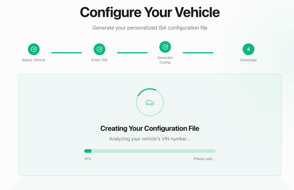 Beepaway config generation progress screen analyzing VIN