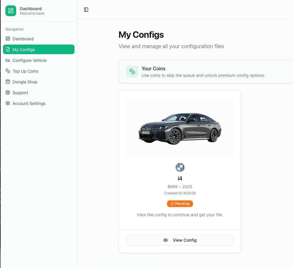 Beepaway My Configs page showing pending vehicle configuration card