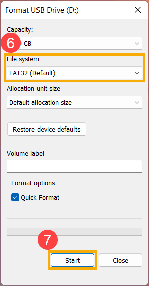 Windows format USB drive dialog with FAT32 file system selected