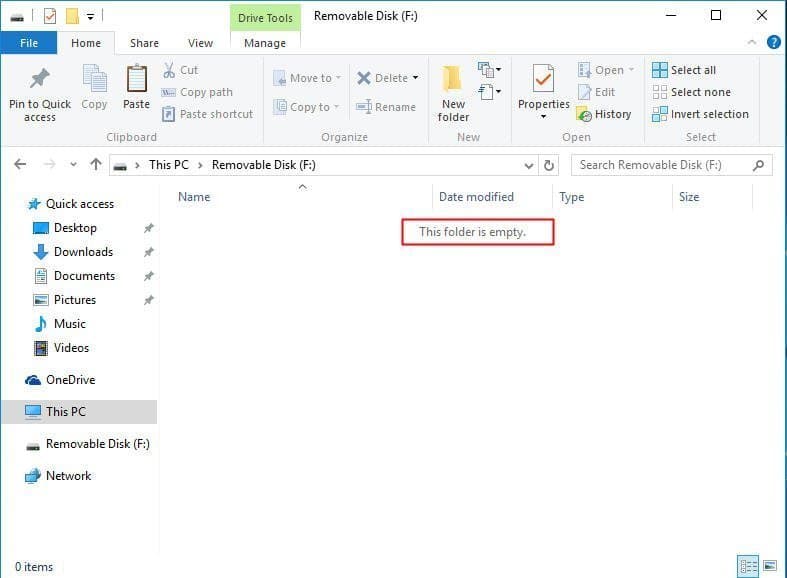 Empty USB drive folder ready for config file copy